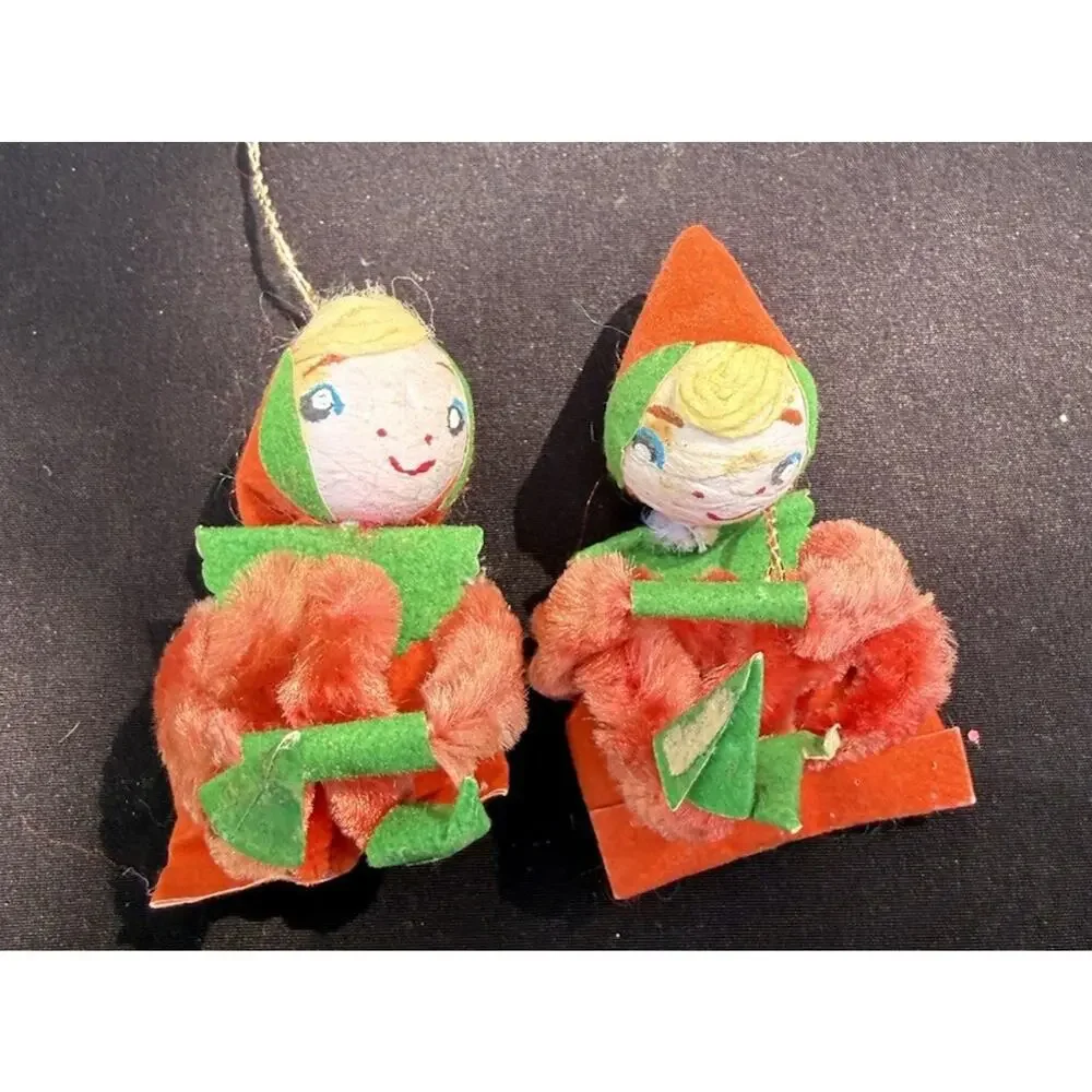 Felted Paper Elf Christmas Ornaments Pixie Chenille Spun Cotton Lot 2 -LO11/2